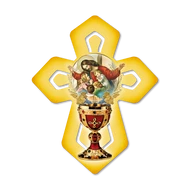 Kereszt formájú faplakett aranyozott szentképekkel